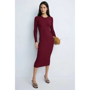 Adam Lippes x RTR Burgundy Ribbed Knit Midi Dress Long Sleeve Crew Neck XS